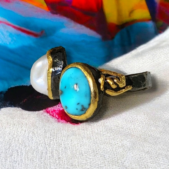 🆕️Genuine Pearl & Turquoise Ring | 925 Silver 24K Gold & Rhodium Plated 🌟 - Picture 6 of 16